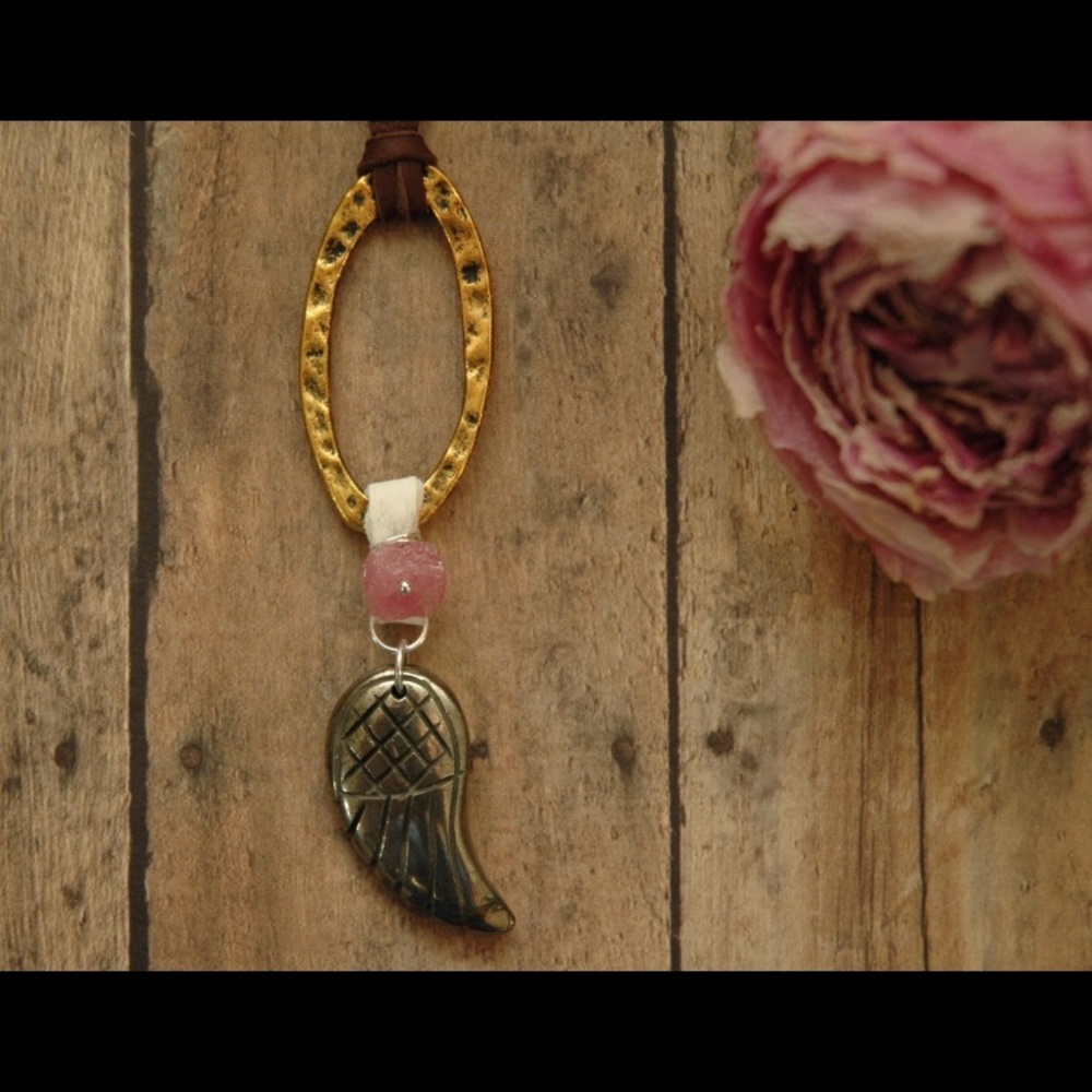 Fairy Wing Pink Tourmaline Pyrite Leather Necklace
